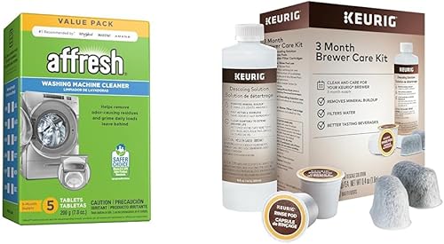 Affresh Limpiador de lavadora y kit de mantenimiento de cafetera Keurig de 3 meses, incluye solución de descalcificación, cartuchos de filtro de
