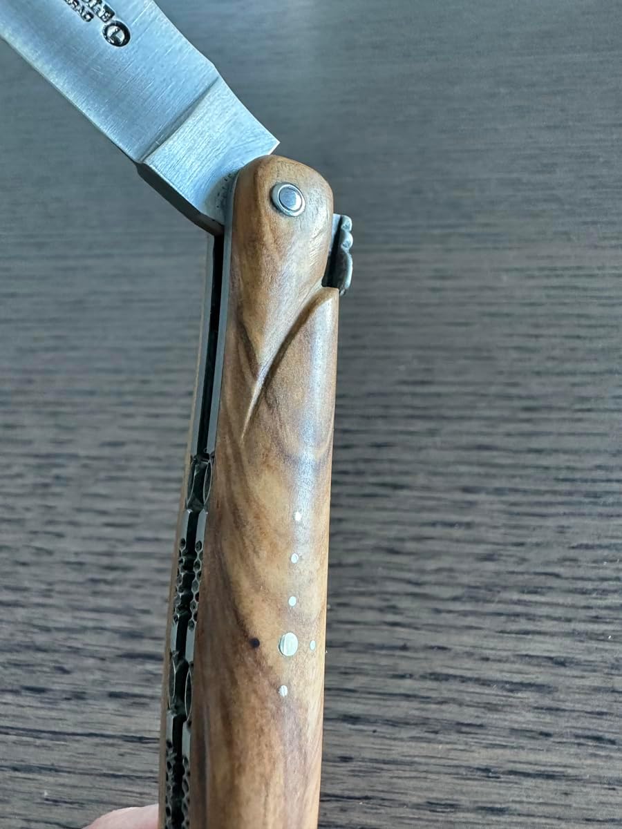 Laguiole en Aubrac Handmade Luxury Folding Pocket Steak Knife, 4.75-in (12cm), With Special Carving On Stainless Steel Plates, Full Olive Wood Handle
