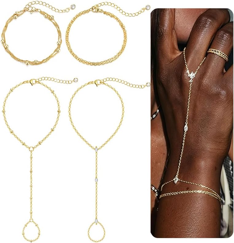4PCS 14K Gold Plated Hand Chain Bracelet for Women, Dainty Stackable Ring Bracelet Set with Cubic Zirconia, Adjustable Hand Jewelry for Beach, Summer Vacation, Elegant Gift for Women