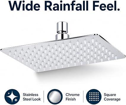 Rainfall Shower Head 12 inch Ultra-Thin Top Shower Square Stainless Steel