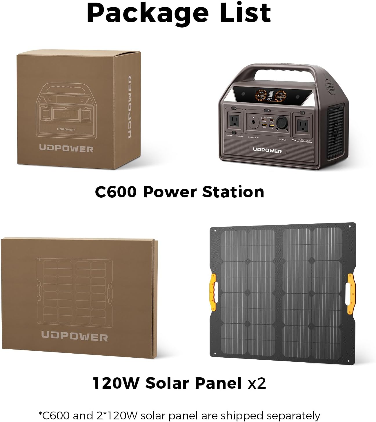 Contents of the UDPOWER C600 Solar Generator package