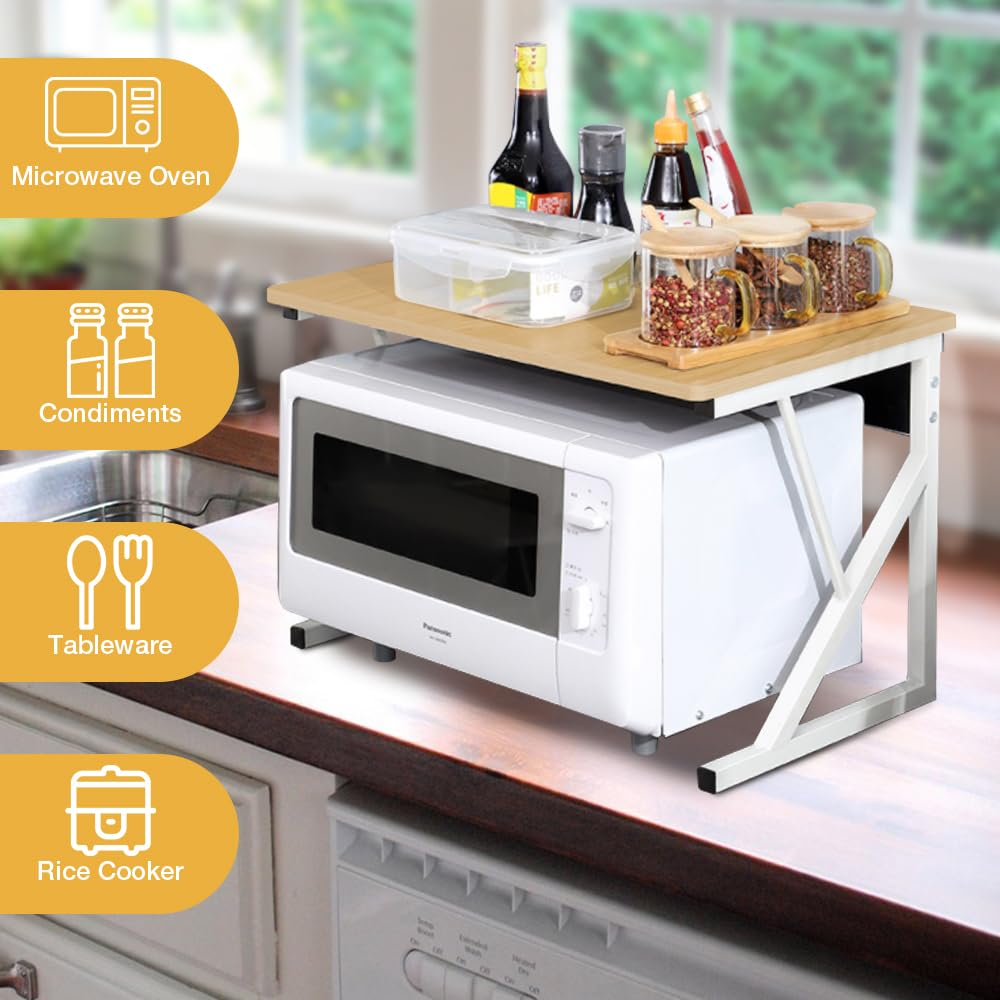 Kedia Estantería extensible para microondas, soporte para microondas, estante de cocina con ganchos, estante para panadería, soporte para microondas (54 x 35 x 34,5 cm, color jaune noix)