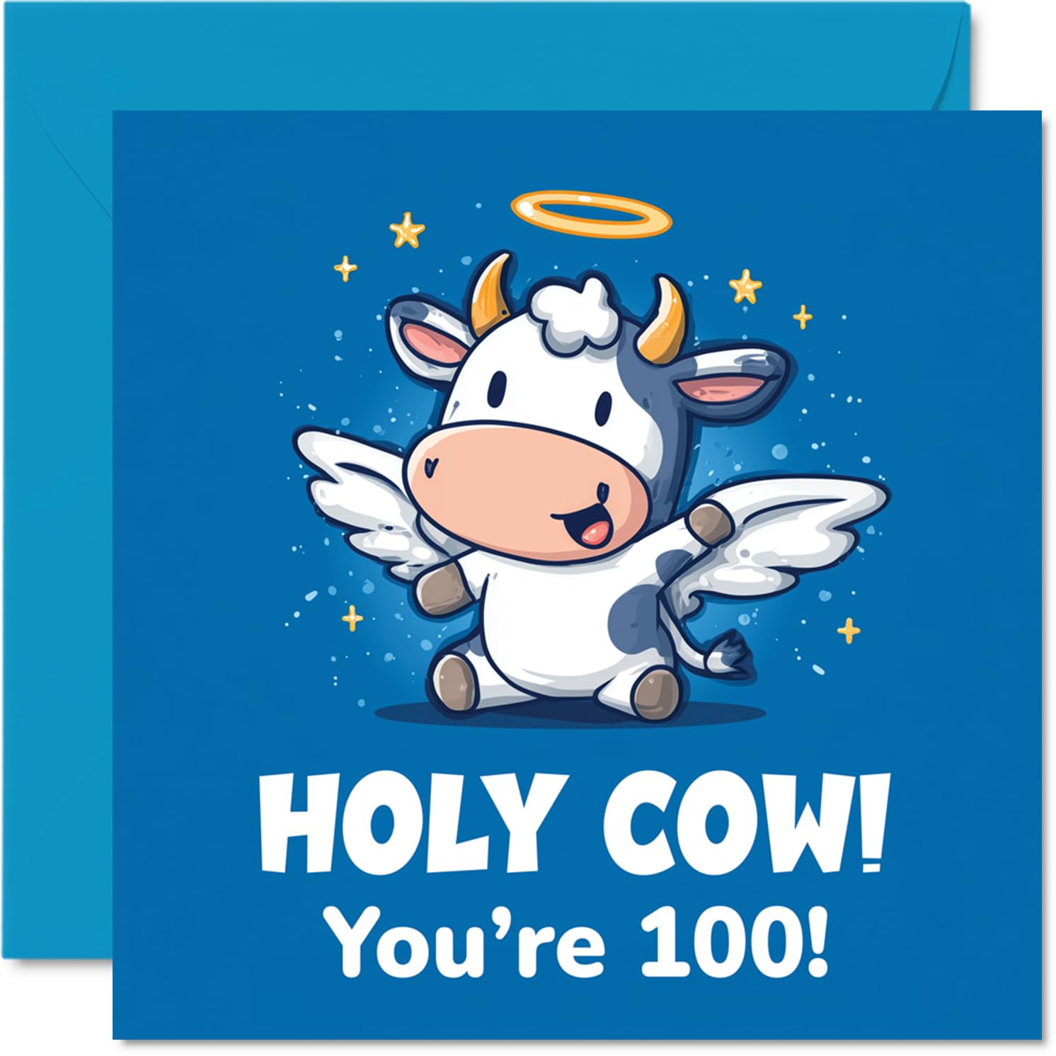 Funny 100th Birthday Card - Holy Cow Moment - Cartoon Angel Cow with Wings and Halo on Bold Blue - Perfect for a Centenarian's Big Laugh - 145mm Square, Envelope Included