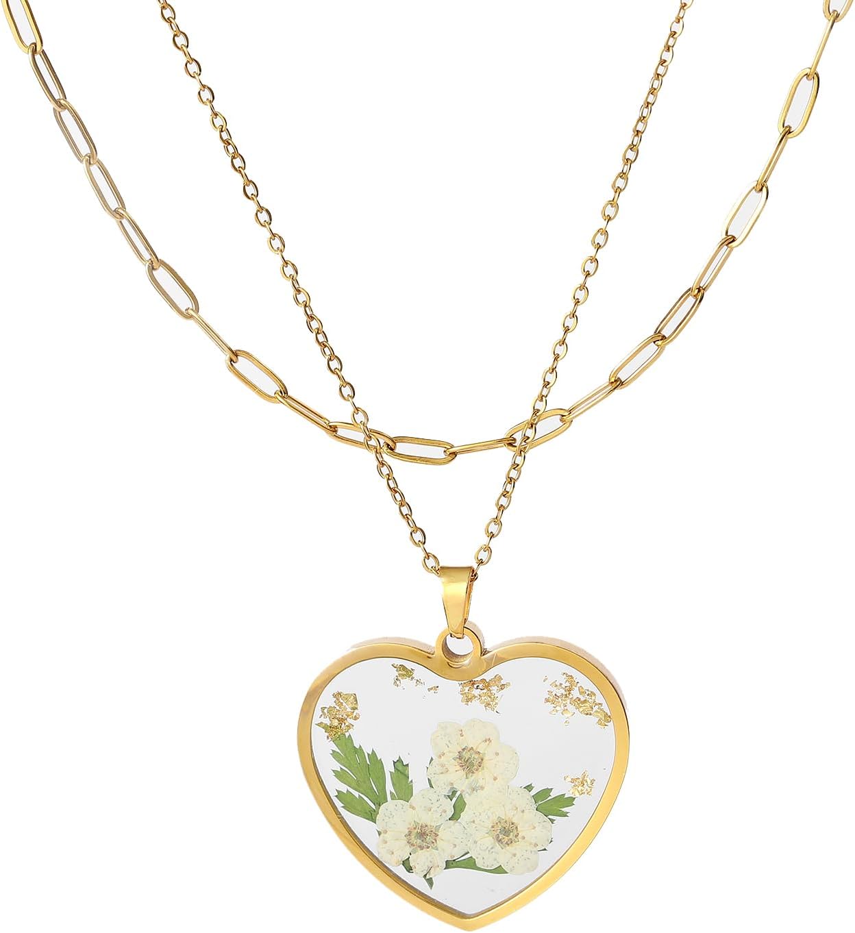 Lit Wall Birth Flower Necklaces for Women Gold 2Pcs 18K Gold Plated Handmade Pressed Flower Necklace Heart Shaped Birth Month Flower Necklace Flower Pendant Necklace Birthday Gifts for Women