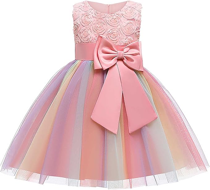 Summer Party Princess Gown 3-9 Years Baby Girl Little Kids Sleeveless Flower Bowknot Tulle Fluffy Stripe Skirt 