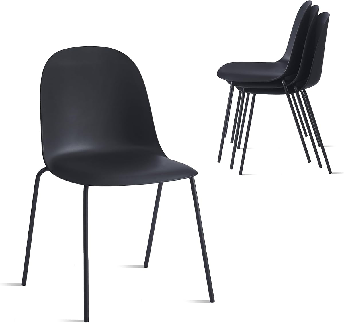 Minimalist Industrial Stackable Plastic Dining Chair with Metal Leg, Quick Assembly, Suitable for Indoor and Outdoor Cafes and Restaurants, Set of 4 (Black)