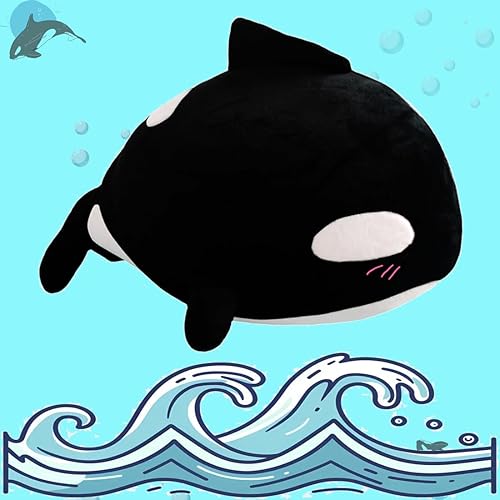 Miniatura 5 de ELAINREN Chubby Orca - Peluche de pez negro, almohada grande de peluche de ballena asesina del océano, peluche de orcina, muñeca marina de peluche