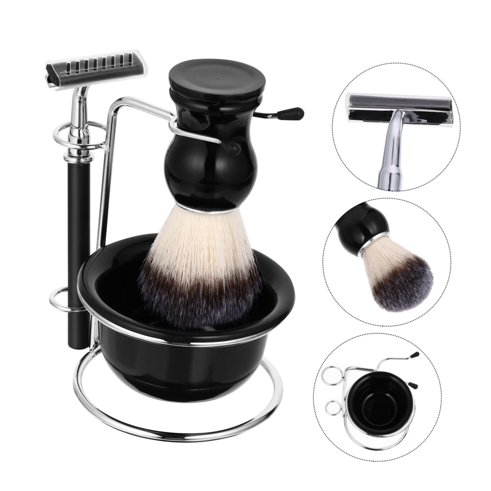 Set Rasoio Barba Stand e Ciotola in Acciaio Inox 4 Pezzi