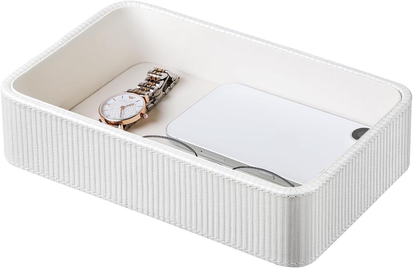 PU Leather Valet Tray Organizer, Small Nightstand Organizer Bedside Desktop Storage for Womens and Men, Perfume Trinket Catchall Vanity Tray for Key Watch Wallet (White, Rectangular)