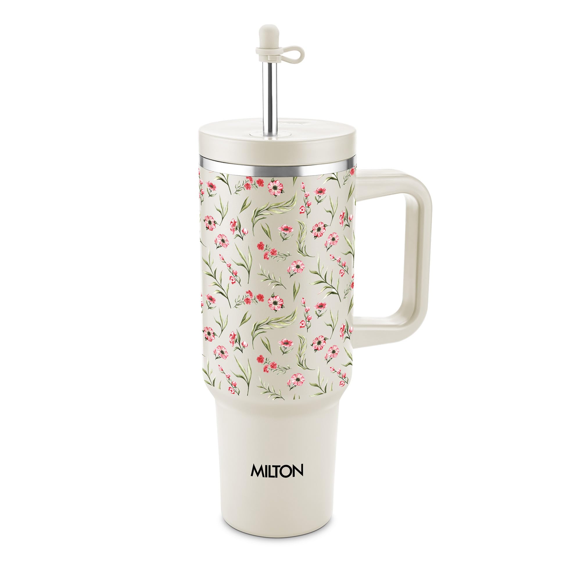 MILTON My Tumbler Studio 1200 Thermosteel Double Wall Vacuum Insulated SS Tumbler with Handle 1100ml, Leak Proof Travel Mug, Straw, Silicon Cap Cleaning Brush, Hot & Cold Beverage Flask, Ivory Floral