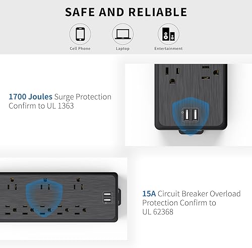 Miniatura 8 de Cable de extensión de 10 pies de largo, protector de sobretensiones NTONPOWER con 8 salidas (3 ampliamente espaciados) y 2 puertos USB, 1875 W15 A,