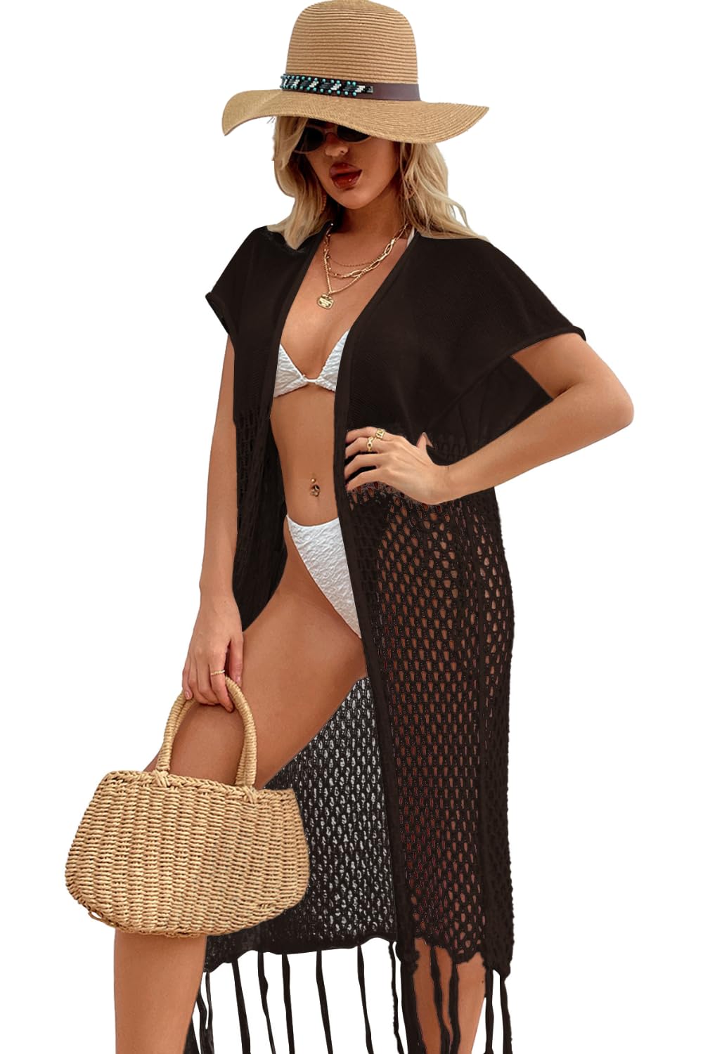 JFAN Vestido de Playa Mujer Cárdigan Largo Kimono Bikini Cover Ups Ropa de Playa Hueca Ganchillo Vestido Punto Sin Manga Baño Traje Cover Up