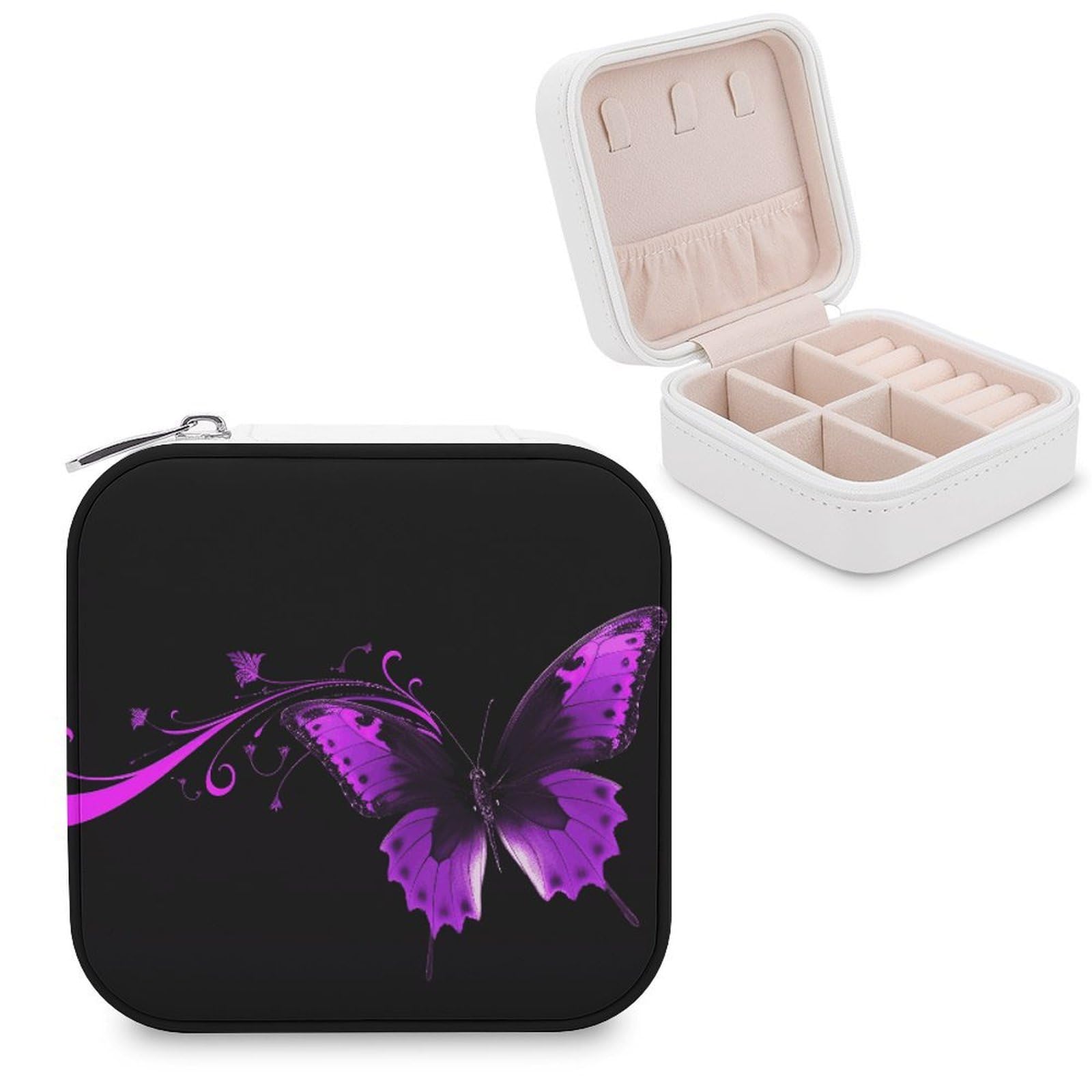 FekiLoot Purple And Black Butterfly Jewelry Case Leather Jewelry Organizer Travel Jewelry Case Portable Small Jewelry Box Mini Display Storage Box Trinket Organizer for Ring Earring Necklace