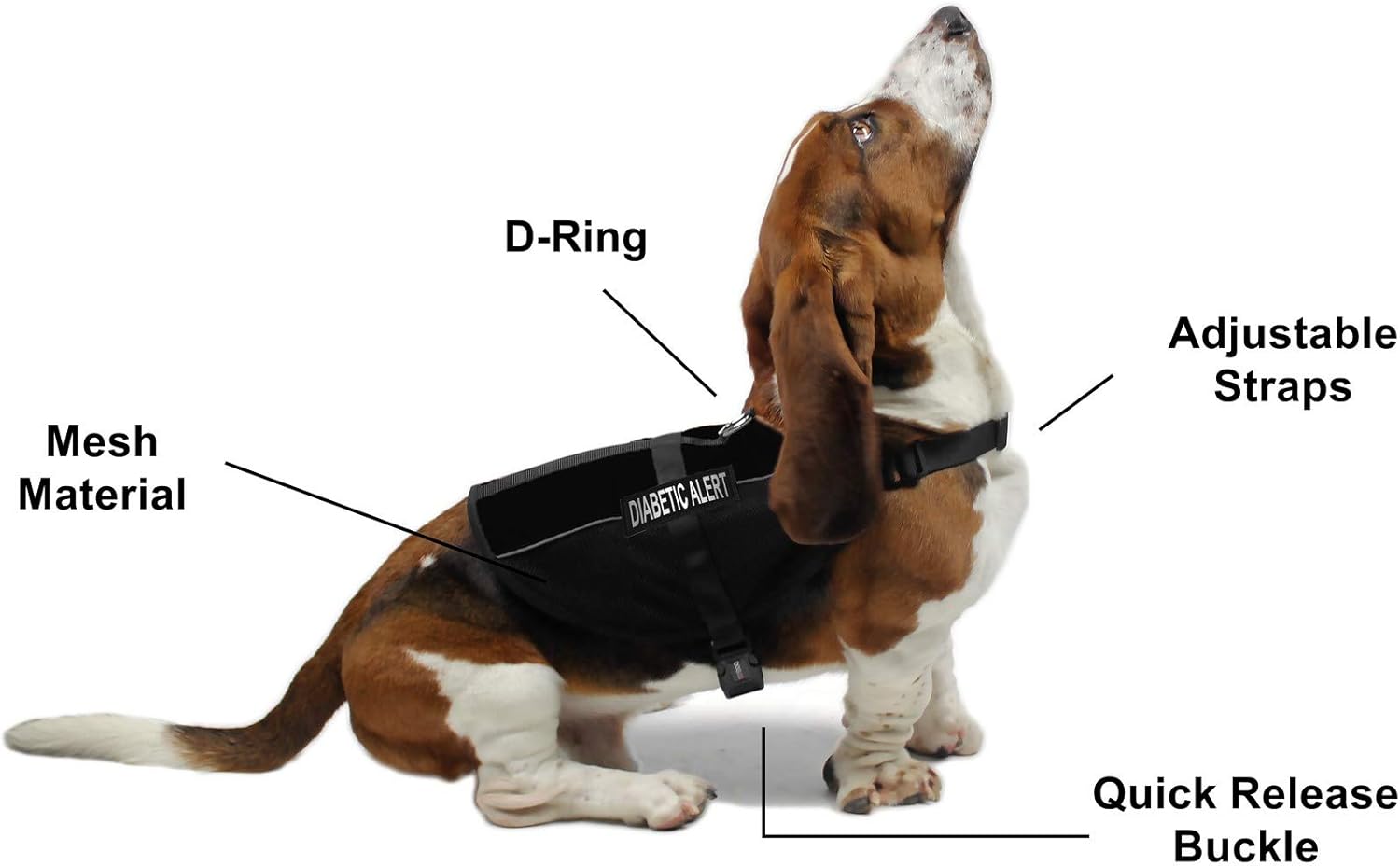 Dogline Custom Embroidered MaxAire Vest Diabetic Alert Removable Patch Adjustable Harness Reflective for Puppies Small Medium and Large Dogs 17 by 21 Inch Girth Black