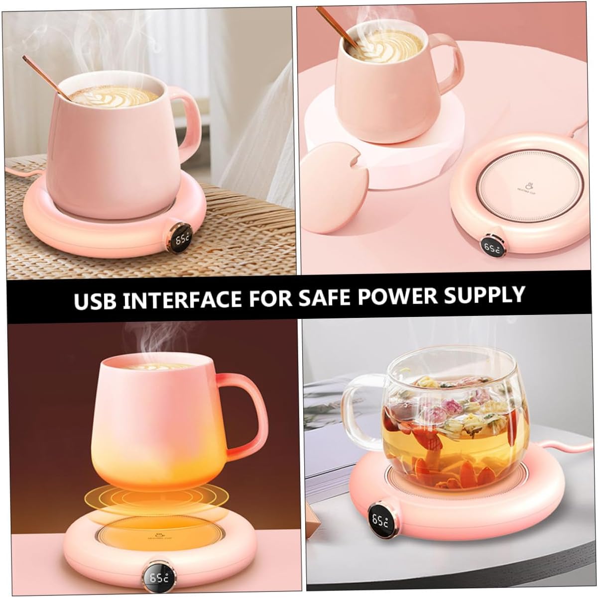 BESPORTBLE USB Charging Cup Warmer Stage Temperature Display Practical Tabletop Mug Heater Creative Pink Milk Warmer for Office Home Dorm and Conference Use