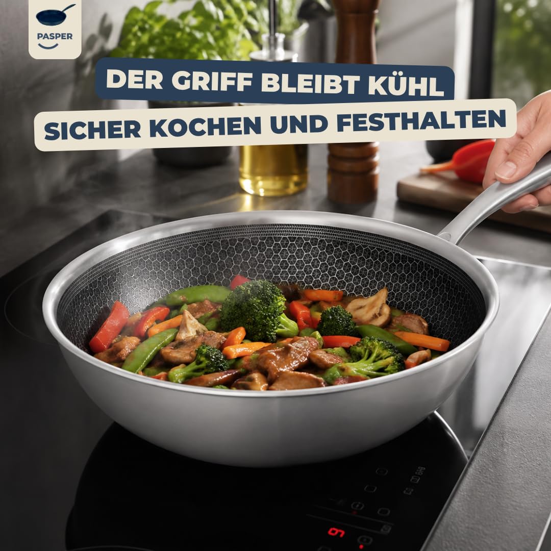 Pasper Patelnia wok Ø 28 cm – nie zawiera PFAS – indukcja, elektryczna, ceramiczna, gazowa i piekarnik – patelnia ze stali nierdzewnej z odporną na zarysowania powłoką zapobiegającą przywieraniu o