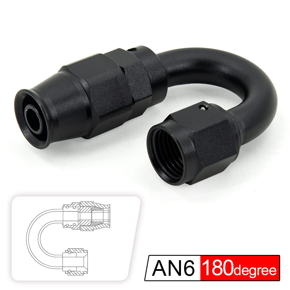 Conector Giratorio AN-6 180° PTFE Para Combustible - Negro, Flujo Completo, Manguera Trenzada