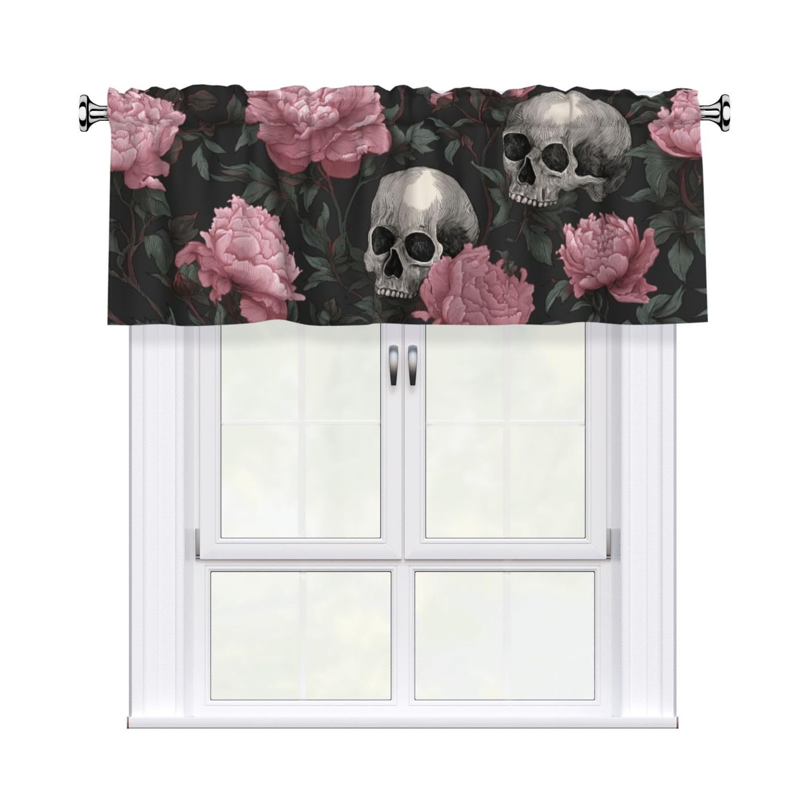 Woshuwo Skulls And Pink Peonies Gothic Valances For Windows Rod Pocket Window Treatment Short Curtains For Kitchen Living Room Bedroom Decor 54x18in