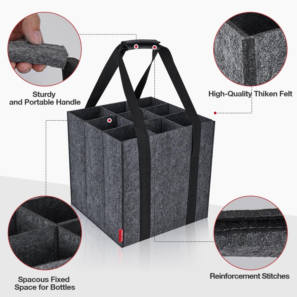 Eurhomewit Borsa per Bottiglie Vino Acqua in Feltro, 9 Scomparti Borse Porta Vino Portabottiglie, Borsa Trasporto per Vino Bottiglie in Vetro 1,5 litri, Riutilizzabile - Nero