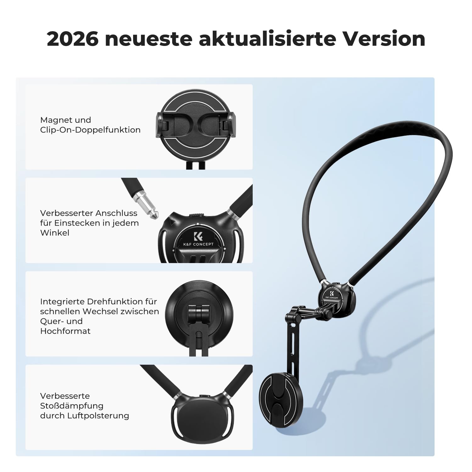 K&F CONCEPT Handyhalterung für den Hals mit Doppelfunktion, magnetische Halterung und Telefonclip, mit luftgepolsterter Basis, 65 cm Länge, komplett mit Riemen und magnetischer Führungsplatte(Schwarz)