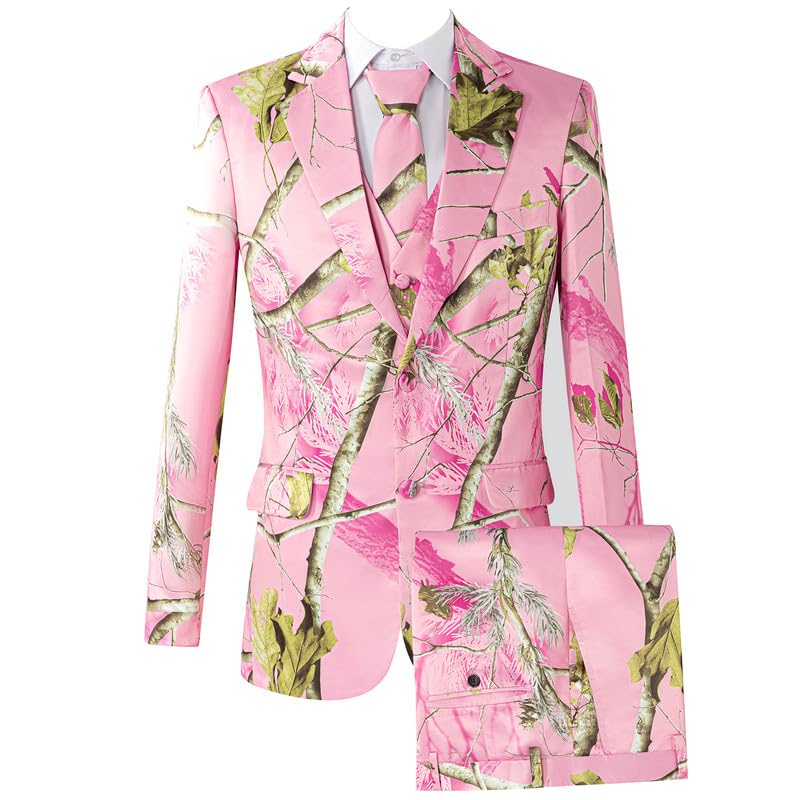 HBDesign Men's Pink Camouflage Suit Twig and Leaf Pattern 2 Button 3 Piece Camo Mens Suit