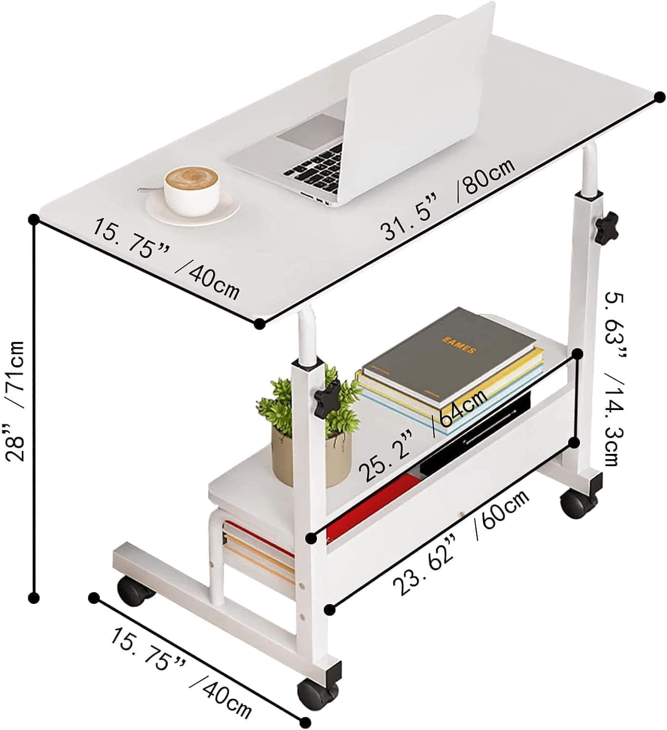 Adjustable Height Mobile Computer Desk for Small Space Rolling Writing with Wheels Corner Home Office Study Portable Bedrooms Work Size 31.5 Inch Storage Gaming Table, White D