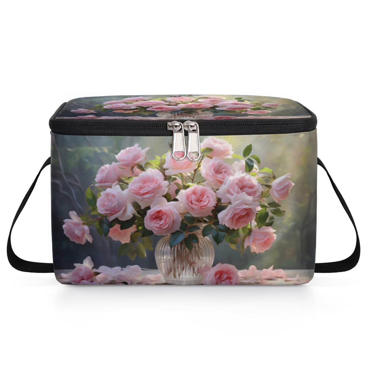 GzLeyigou Pinks Roses Lunch Bags for Women Men 9 Cans, Hot & Cold Food Delivery Bag Insulated Grocery Bag Insulated Lunch Box Round Glass Vase Cooler Bag for Office Work Picnic Beach