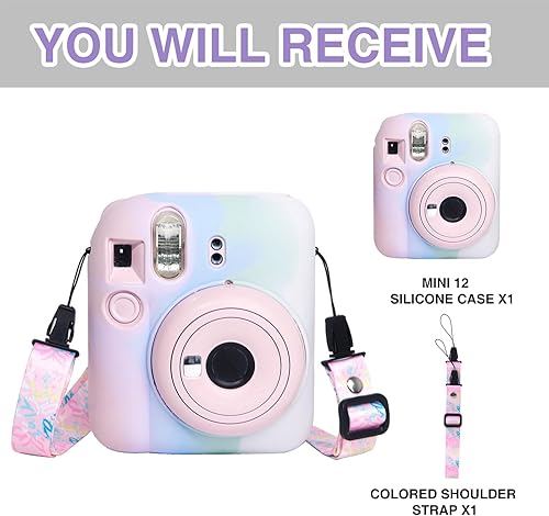 Miniatura 7 de WOGOZAN Funda de silicona para Fujifilm Instax Mini 12 Funda protectora para cámara instantánea con correa ajustable para el hombro, gradiente de