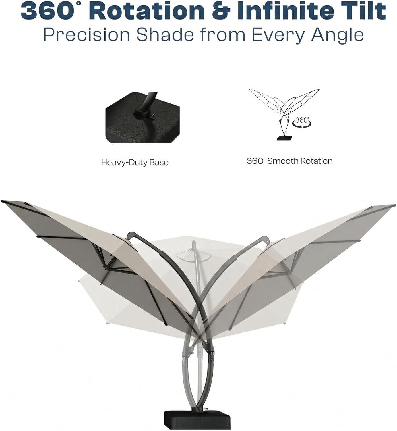 12FT Cantilever Umbrella with Base Included, Large Round 360° Rotation Offset Umbrella Outdoor Patio, Heavy Duty Aluminum Frame, Sand-Weighted Stand, for Deck, Backyard, Pool, Garden (Light Grey)