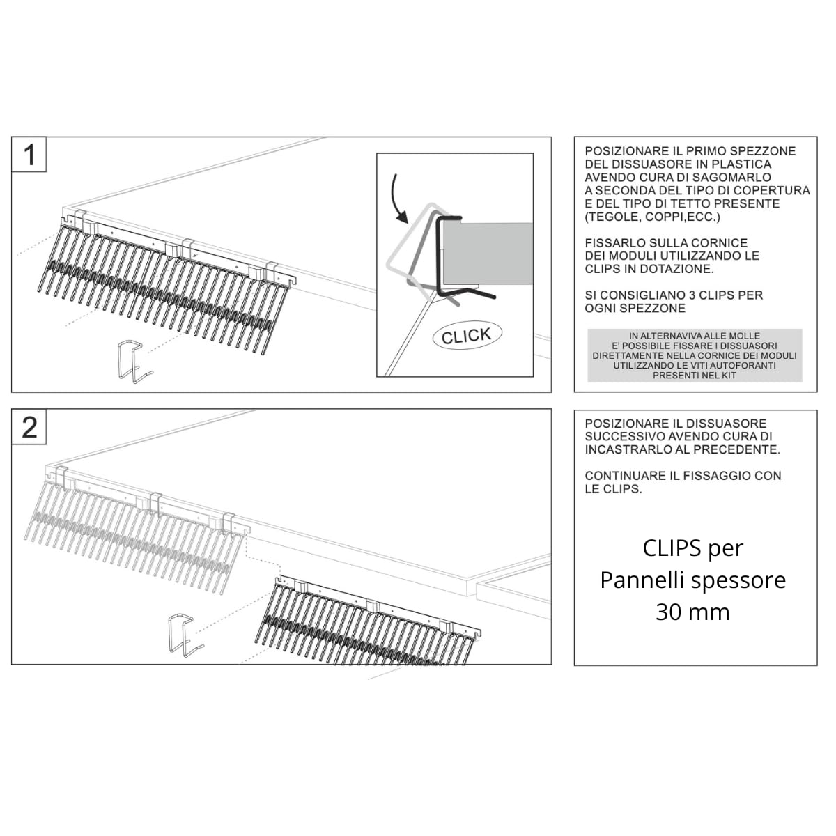 Solar Safe - sistema di protezione Universale da uccelli e piccioni per Fotovoltaico - Brevettata, Ecosostenibile e resistente ai raggi UV (22 metri (40 unità) con CLIPS per pannelli spessore 30mm)