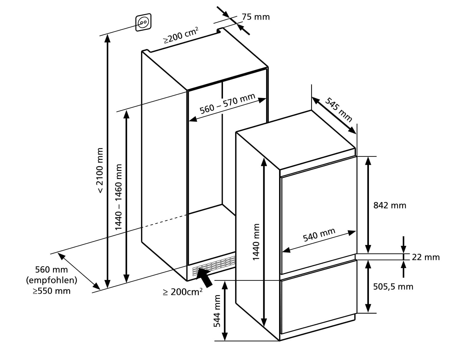 Oranier Einbau Kühl-Gefrier-Kombination 145 cm - Einbau-Kühlschrank mit 2 Frost-Schubladen - 211 Liter Volumen - Schlepptür Anschlag wechselbar EKG145