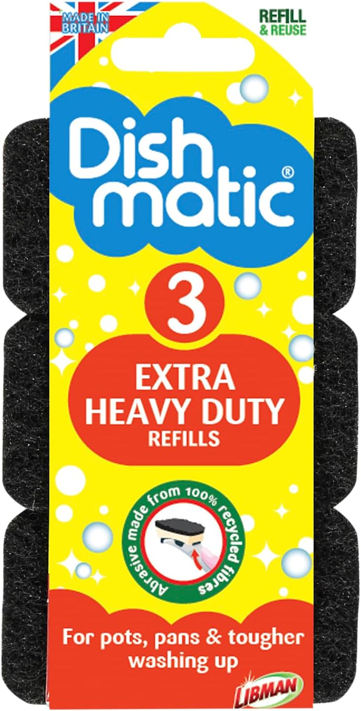 Black Extra Heavy-Duty Washing-Up Sponge Refill Heads with Antibacterial Abrasive – Kitchen Washing-Up Handle Refills – Pack of 3