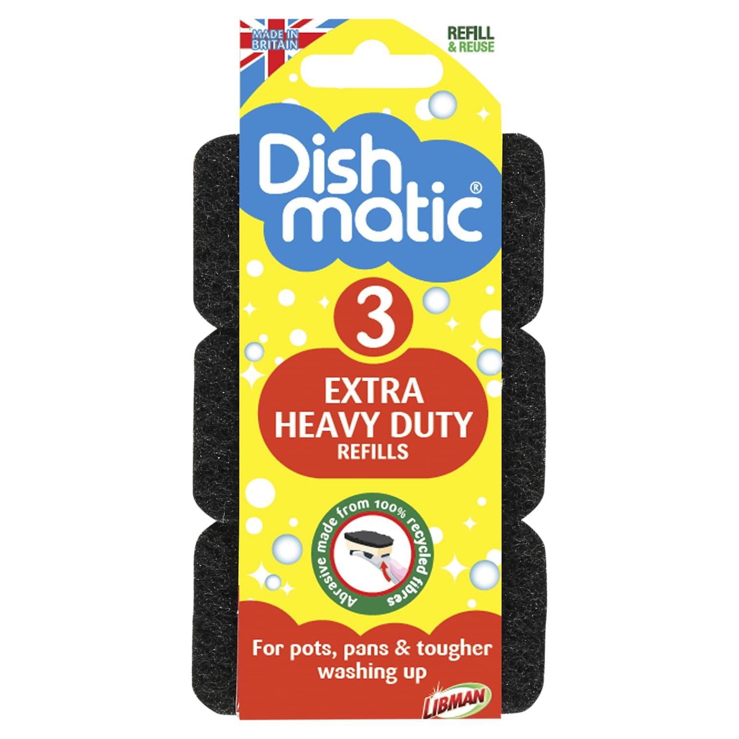 Dishmatic Black Extra Heavy-Duty Washing-Up Sponge Refill Heads with Antibacterial Abrasive – Kitchen Washing-Up Handle Refills – Pack of 3