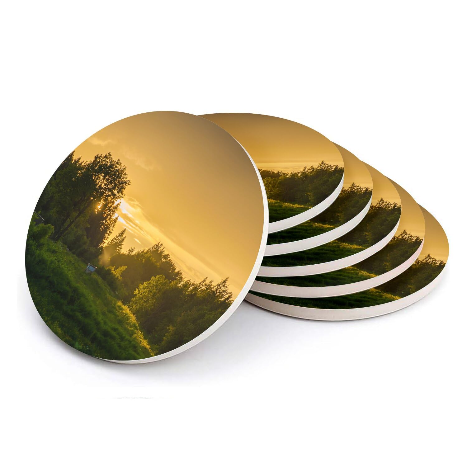 Sous-verre ronds en céramique pour apéritif convivial, décor soleil levant et forêt