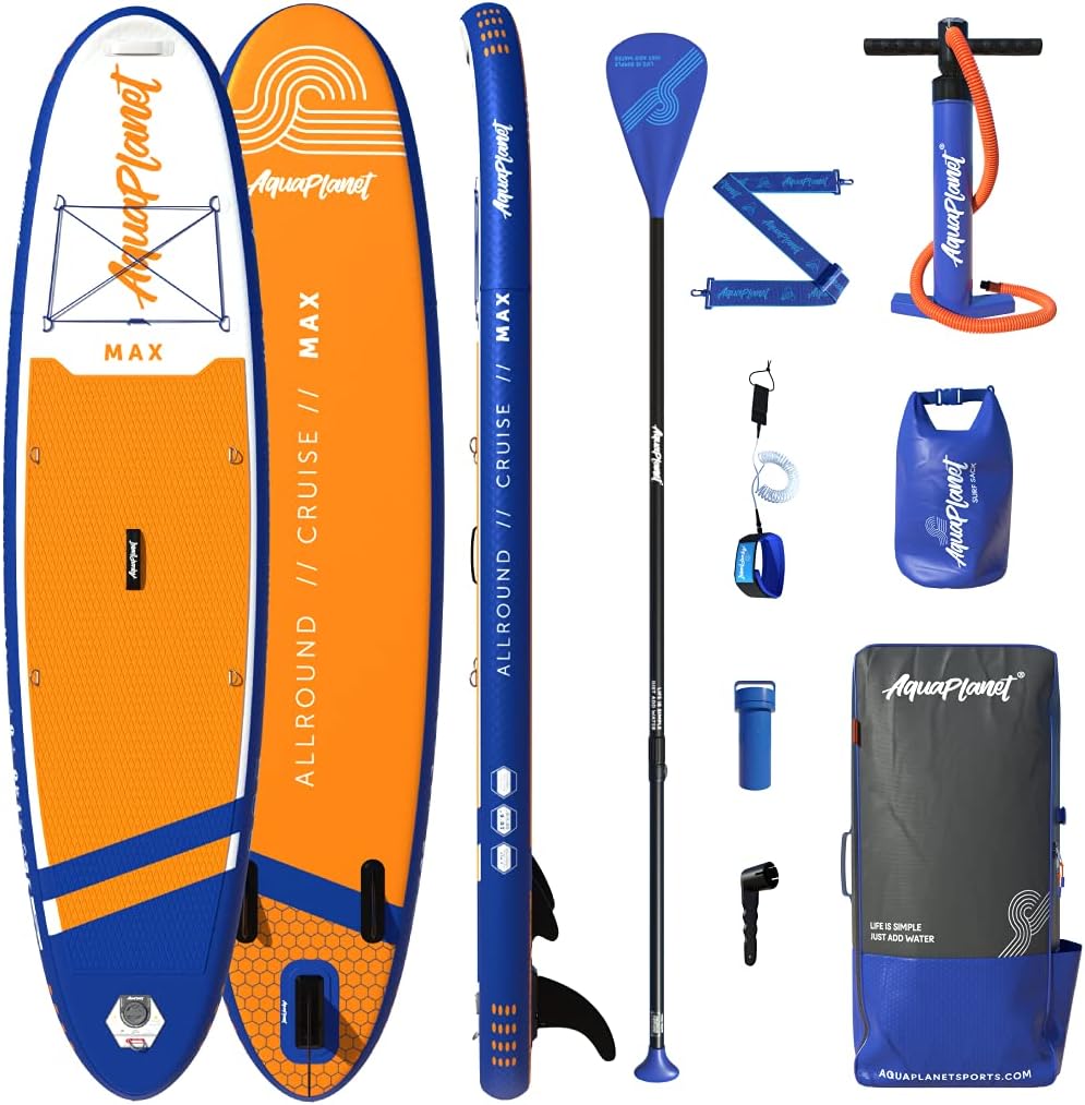 Aufblasbares Stand-Up Paddleboard Set - Max I 320 cm I Ideal fr SUP Anfnger & Experten I Beinhaltet Finne, Paddel, Pumpe, Reparaturset, Rucksack, Leine, Trockensack, Trageriemen
