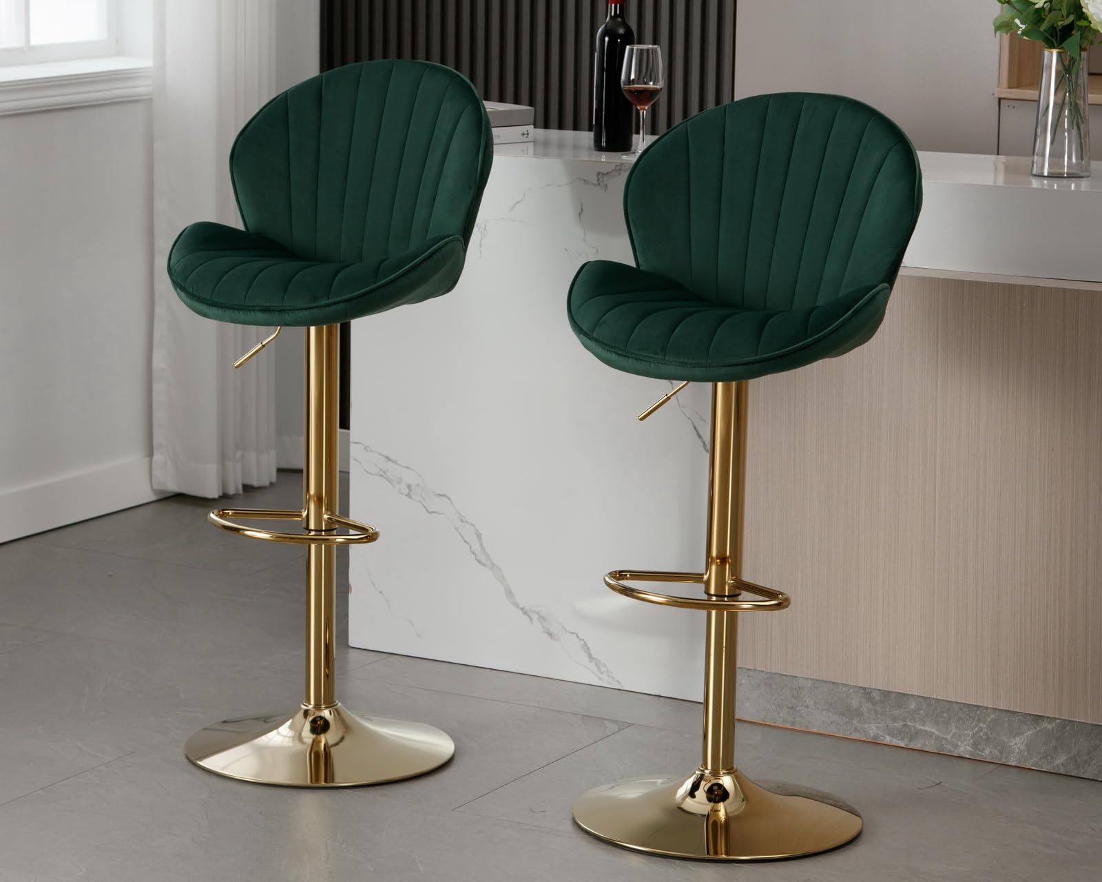 CIMOTA Velvet Green Bar Stools Set of 2 Adjustable Height Bar Chairs Modern Swivel Barstools with Shell Shape Back Kitchen Stools for Island/Home Bar/Counter, (Gold Base/Velvet Green)
