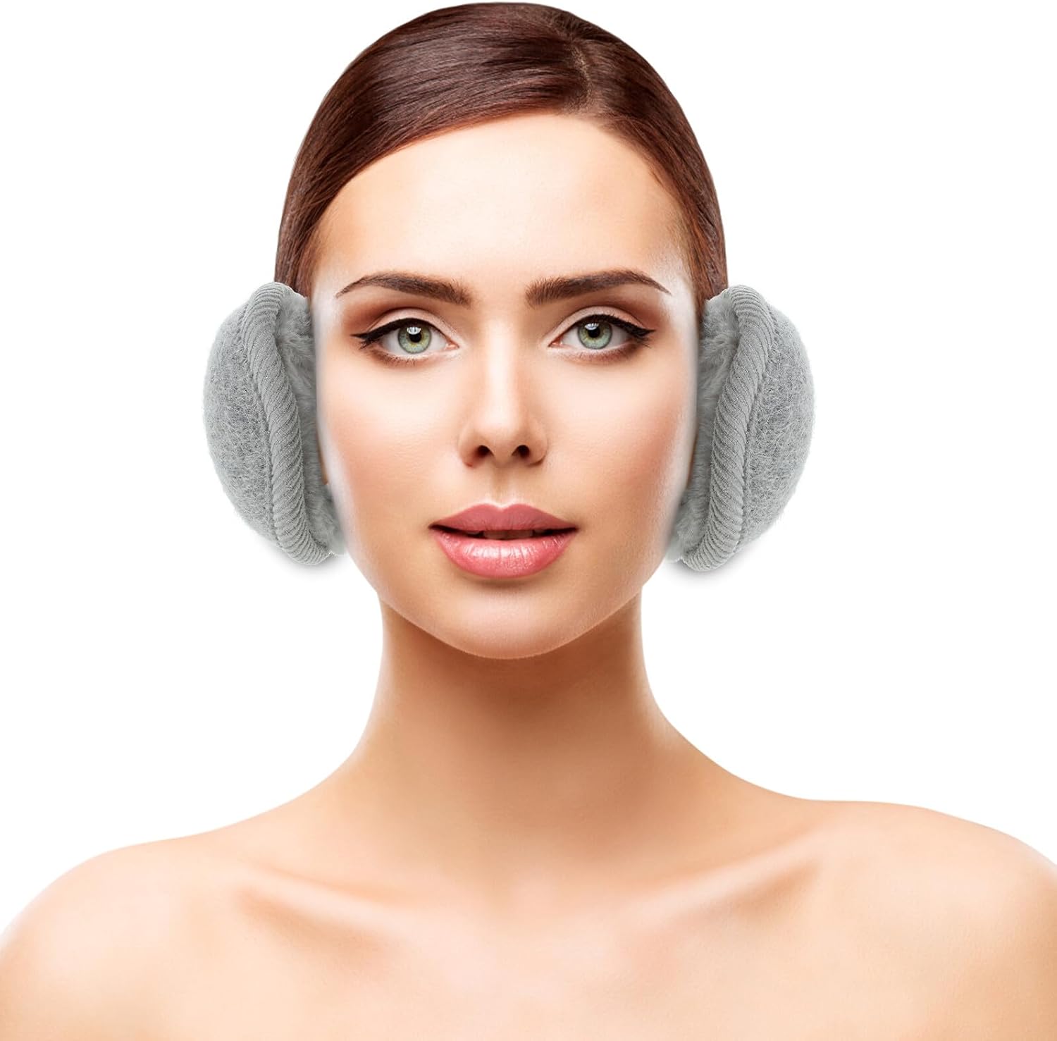 Plush Earmuffs 2pcs Foldable Knit Ear Warmers Soft Cozy Ear Covers for Winter Cold Weather Accessories in Beige and Gray