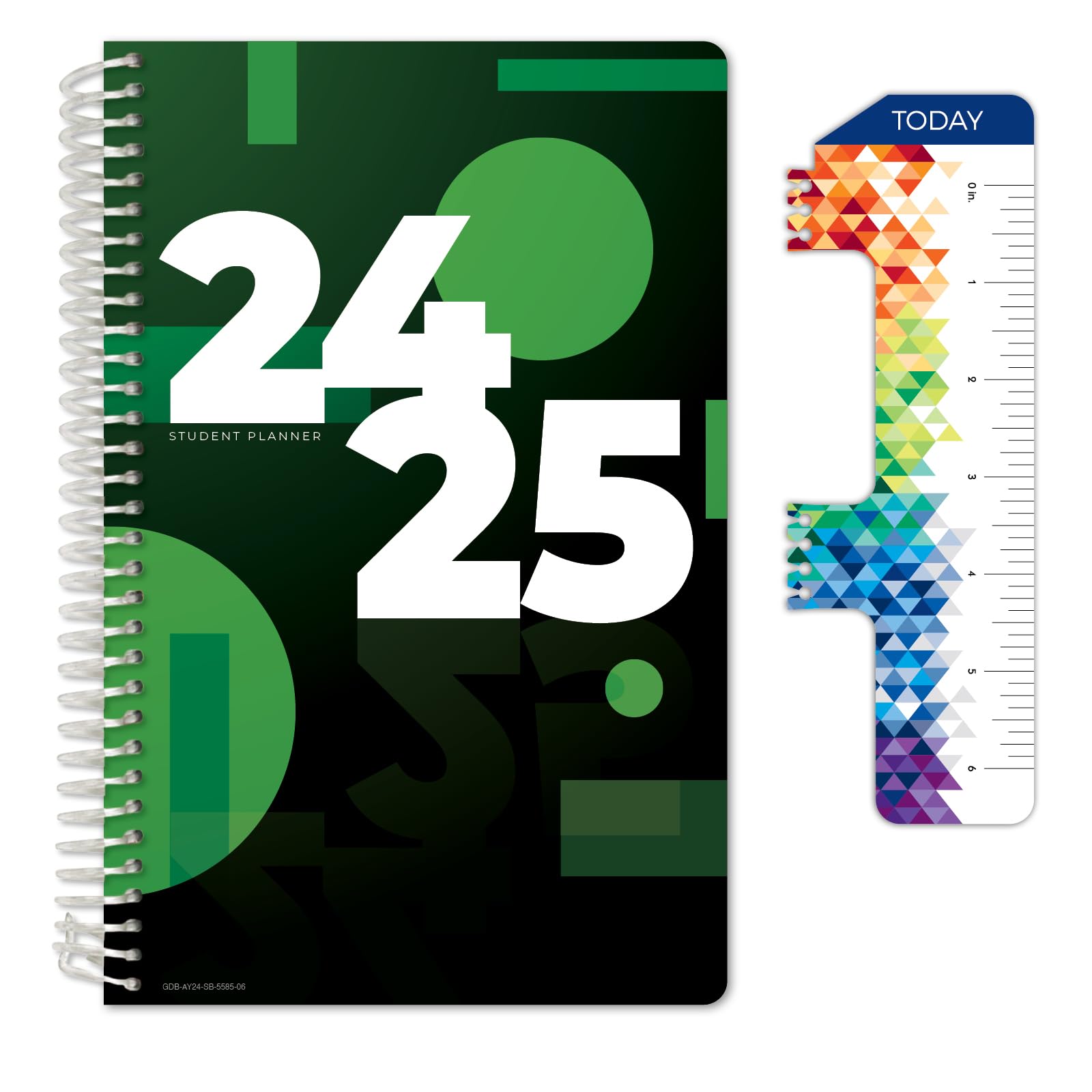 Global Datebooks Dated Middle School or High School Student Planner for Academic Year 2024-2025 includes Ruler/Bookmark and Planning Stickers (Block Style - 5.5"x8.5" - Green Big Numbers)