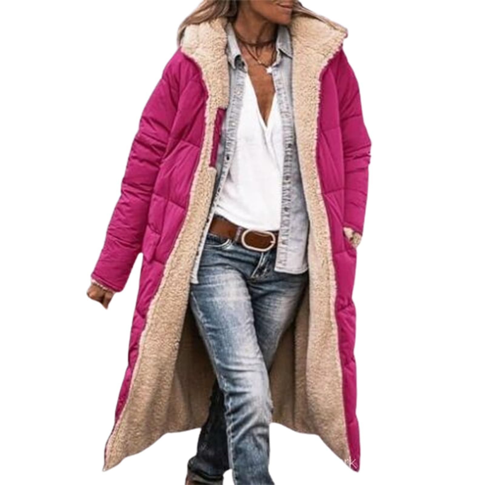 Qingxingfa Women's Red ’S Long Quilted Puffer Coat With Hood – Warm Fleece Lined Oversized Winter Jacket (,M)