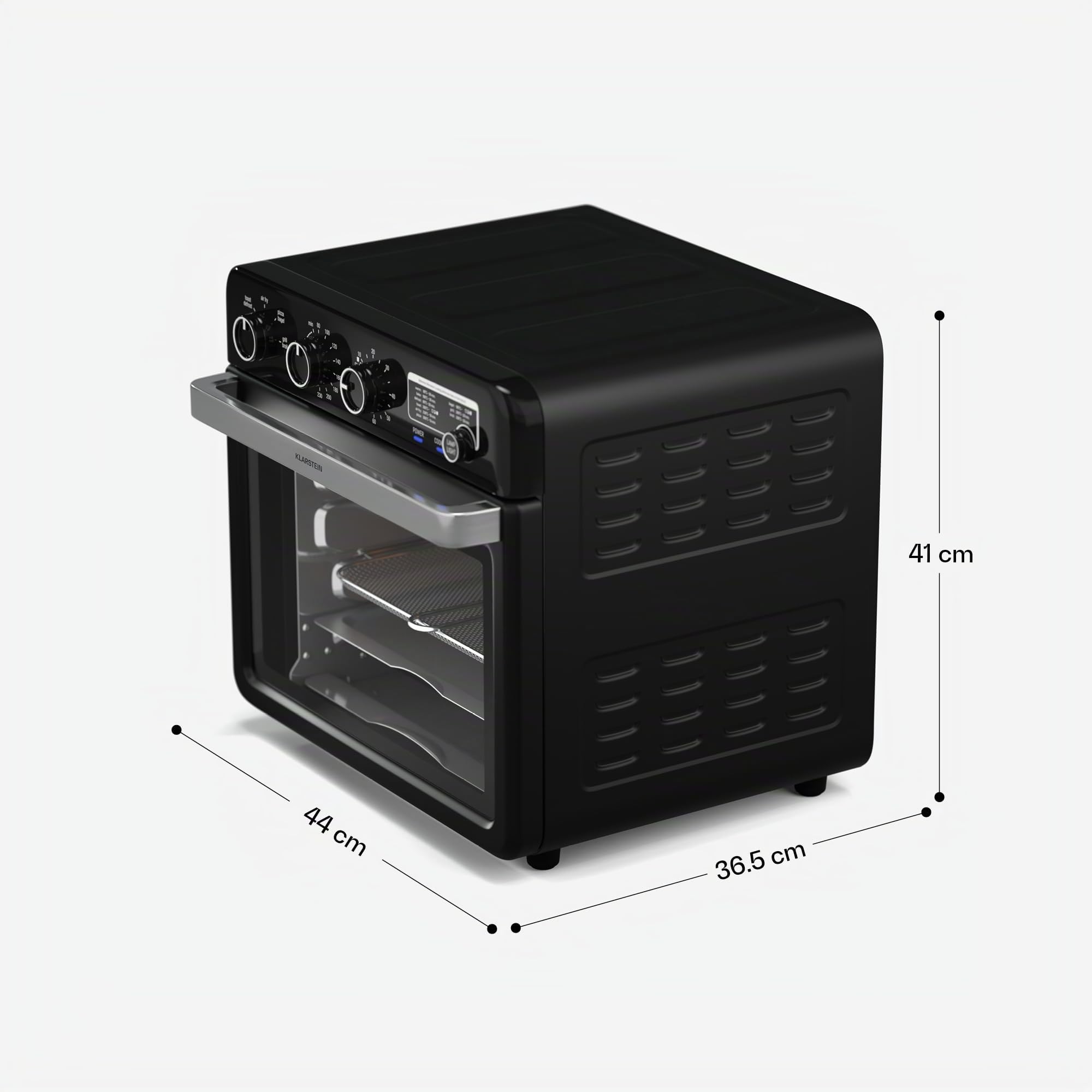 Klarstein AirGlaze Freidora De Aire – 34L, 2000W, 9 Programas, Control Giratorio, Ventana Panorámica, Accesorios Incluidos: Rejilla, Cesta, Bandeja & Asador, Negro