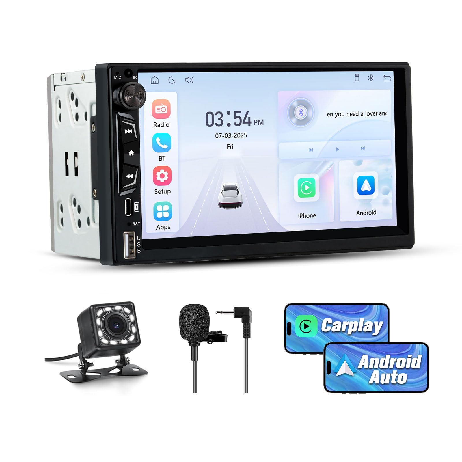 AWESAFE Autoradio 2 DIN CarPlay & Android Auto | Écran Tactile IPS 7 Pouces | Bluetooth 5.0 GPS | Caméra de Recul | MirrorLink | FM EQ | USB Type-C AUX