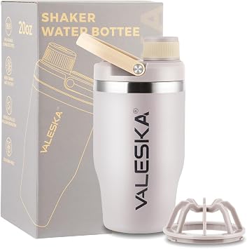 VALESKA Protein Shaker Bottle | 20oz Insulated Stainless Steel Protein Shaker, BPA Free, Leak Proof, Dishwasher Safe, Perfect for Protein Shakes and Pre Workout | Grey