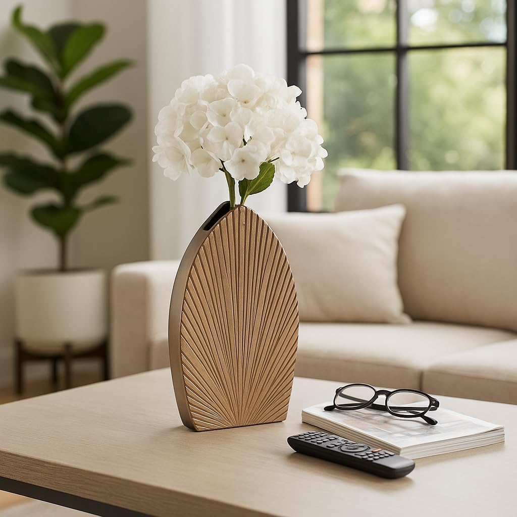 Elegant Ribbed Metal Vase for Living Room Decor - Decorative Flower Vase for Bedroom, Office, and Home Decor - Stylish Sculptural House Vase for Room, Tabletop, or Centerpiece Accent - 12" Champagne