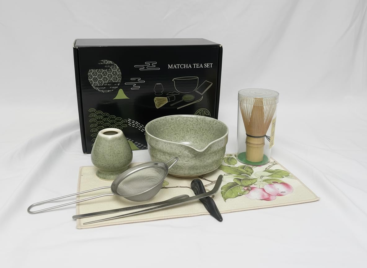 Matcha set 8 PCS With Cermica Matcha Bowl, Matcha Whisk Holder, Bamboo Whisk, Matcha Spoon, Sifter