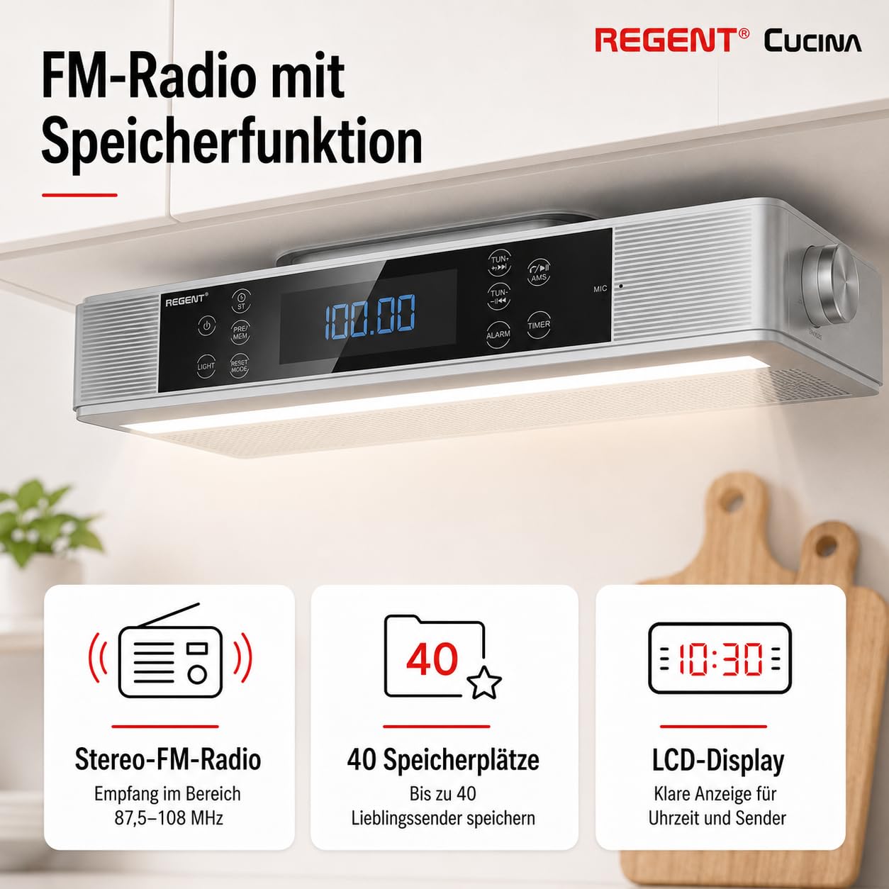 Regent Cucina Unterbau Küchenradio mit FM, Bluetooth, LED-Leiste, Farbdisplay, Küchentimer & 2 Wecker, perfektes Unterbauradio für die Küche, Farbe: Silber