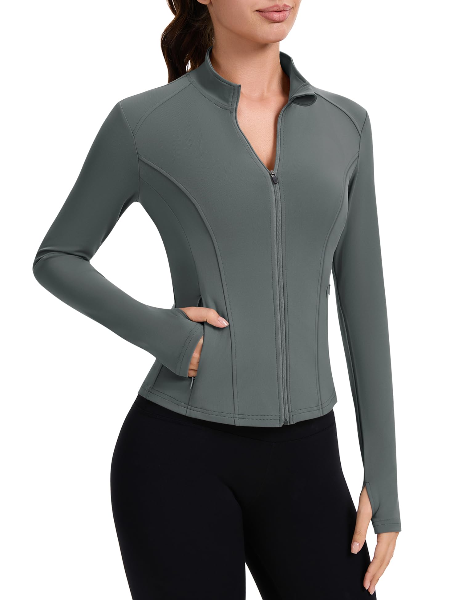 IECCP Sportjacke Damen Langarm Laufjacke Sportshirt Funktionsshirt Taschen Trainingsjacke Laufshirt Sport Oberteil Gym Yoga Tops mit Reißverschluss und Daumenloch