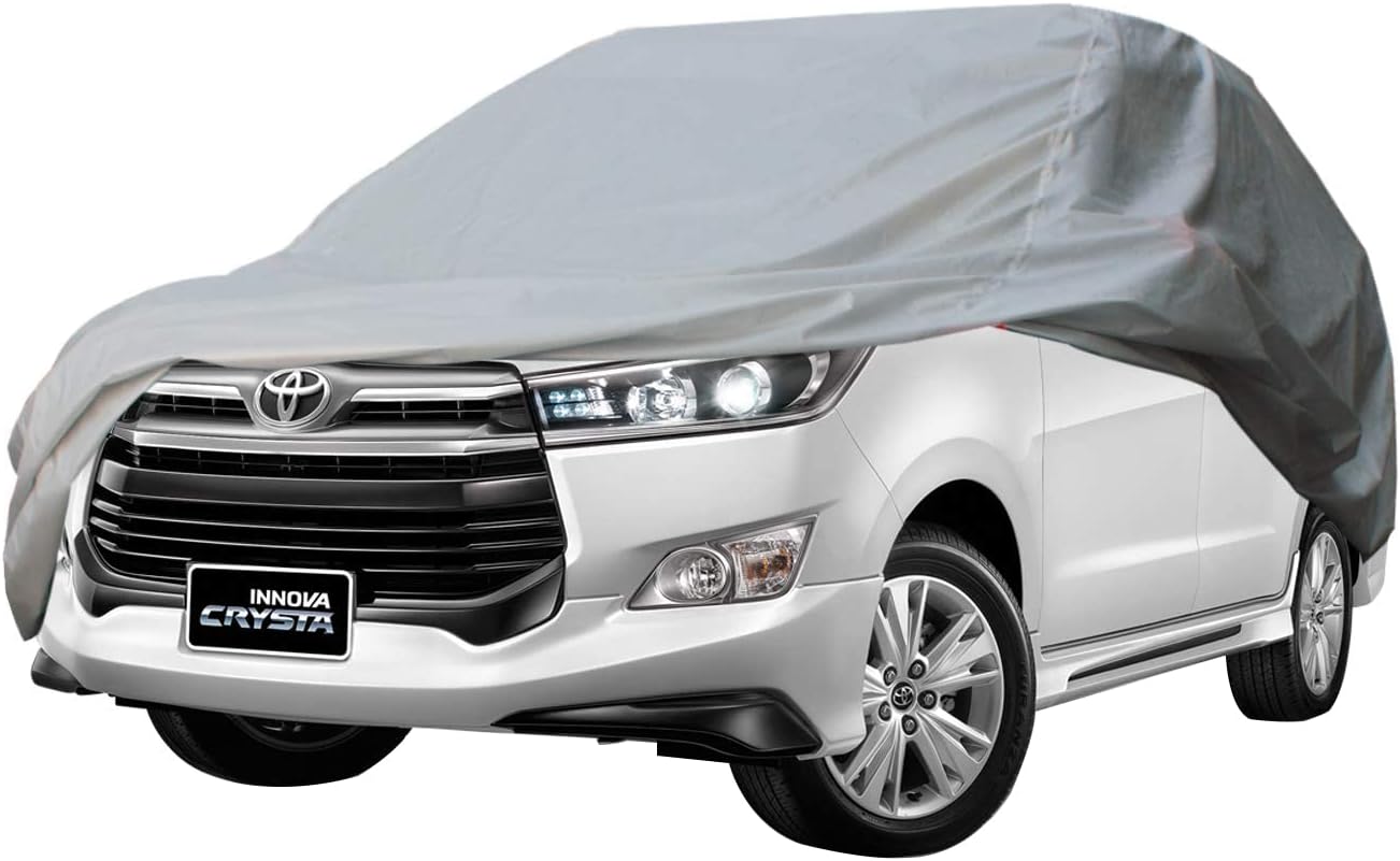 Allextreme TC7002 Car Body Cover Compatible with Toyota Innova Crysta Custom Fit Dustproof UV Heat Resistant Indoor Outdoor Body Protection (Silver Without Mirror)