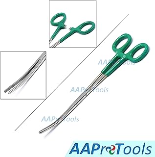 AAProTools Heavy Duty Green PVC (Polyvinyl Chloride) Grip Handle German Grade Stainless Hemostat Forceps Curved Serrated 8