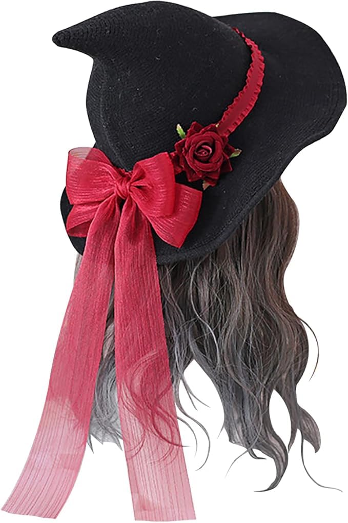 Adult Halloween Witch Hat with Gothic Rose Bow Shapeable Brim Women Halloween Wool Knitted Witches Hat Handmade Wizard Hat Cap Lolita Party for Carnival Daily Cosplay Costume Accessory 56-59CM