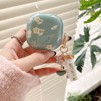 Earphones Cover for Galaxy Buds FE/2/2 Pro/Pro/Live,Flower Pattern Shockproof Earbuds Protective Case with Chain for Girls Boys (Blue)